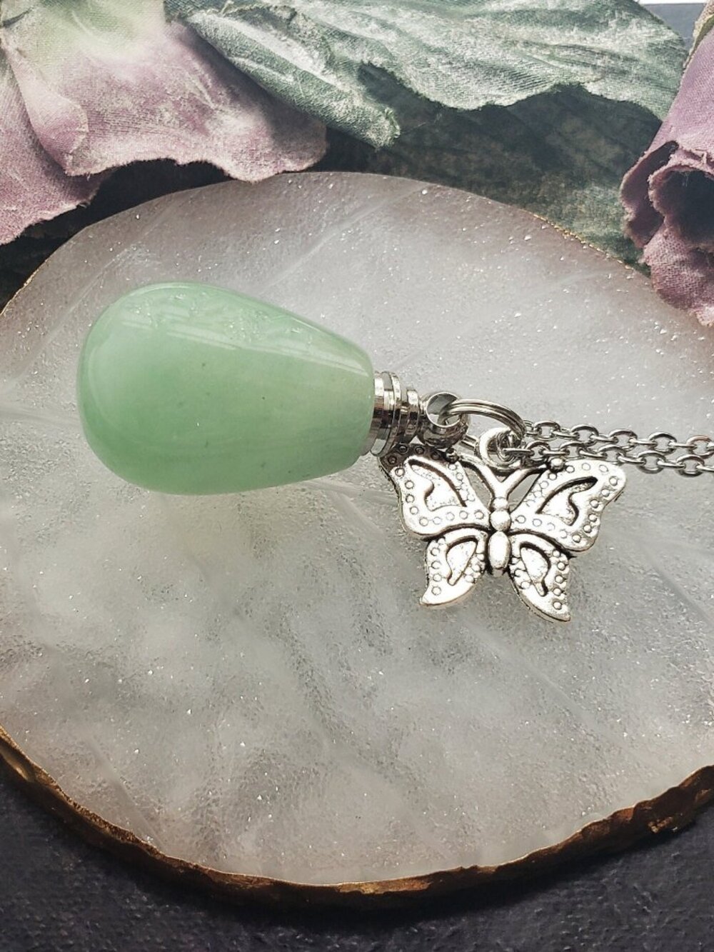Green Aventurine Crystal Perfume Bottle Pendant Necklace Silver Chain Butterfly